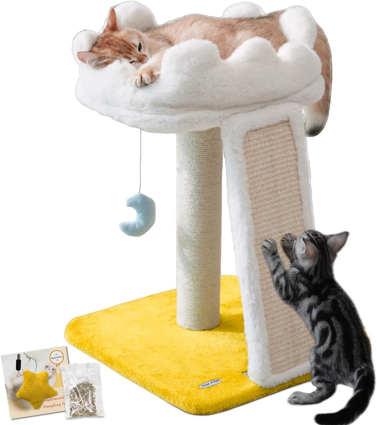 New Cloud Cat Tree Tower, Cat Scratching Post with Bed, Small Cat Tree, Compact Cat Tower with Scratching Pad & Cloud Soft Perch & Cute Toys, Extra Toy, Bounus Catnip